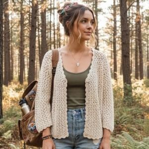 Vintage Granola Girl Crochet Cardigan Cream Scalloped Edge SZ L